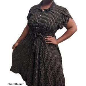 Chaps Black Dot Fit & Flare Collared Dress Size 1X